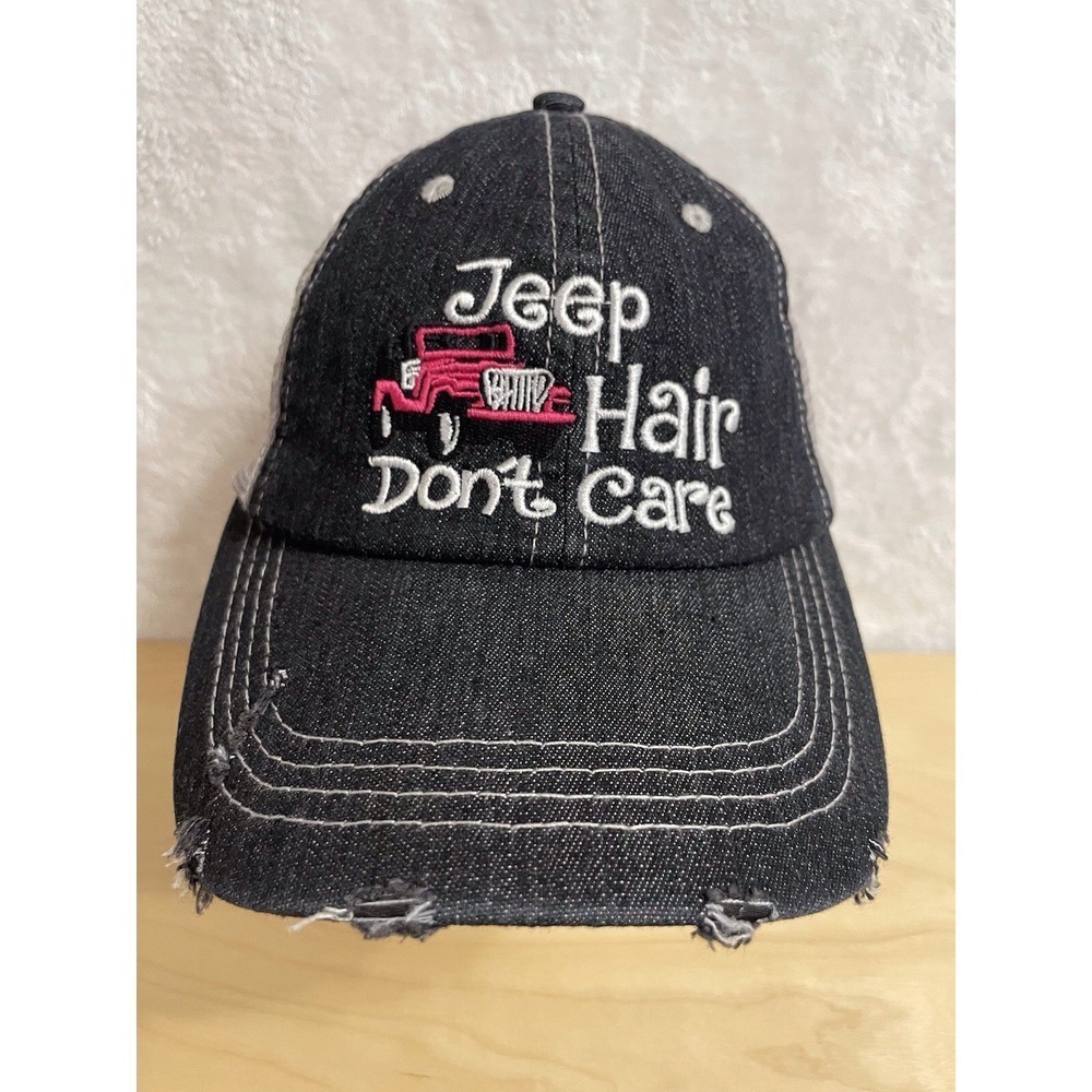 Jeep Hair Don't Care Trucker Hat Black Gray Mesh Distressed Adjustable - Picture 2 of 7
